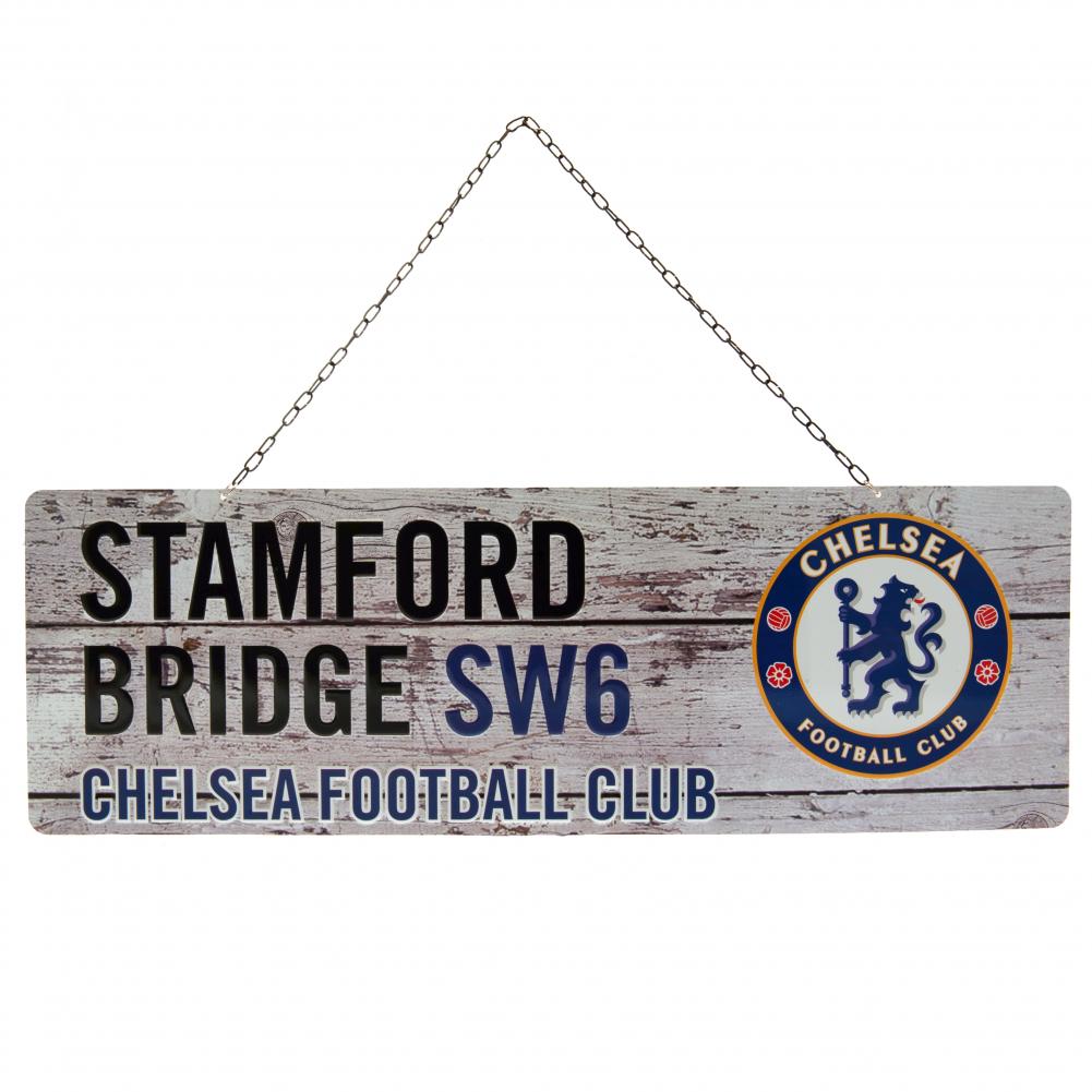 Chelsea FC rustic stamped metal hanging sign with a large club crest on a wood panel effect background