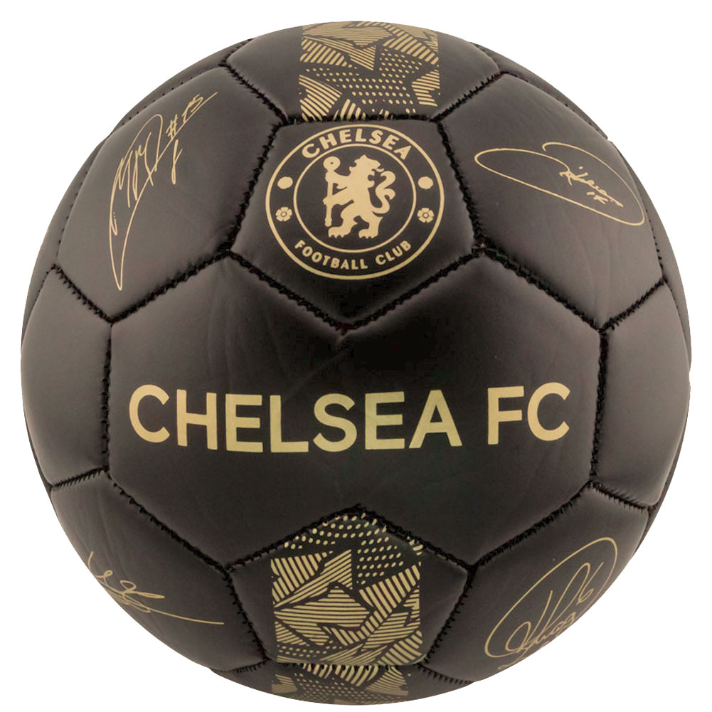 Chelsea FC matte black football with a gold printed Chelsea crest and official player signature prints