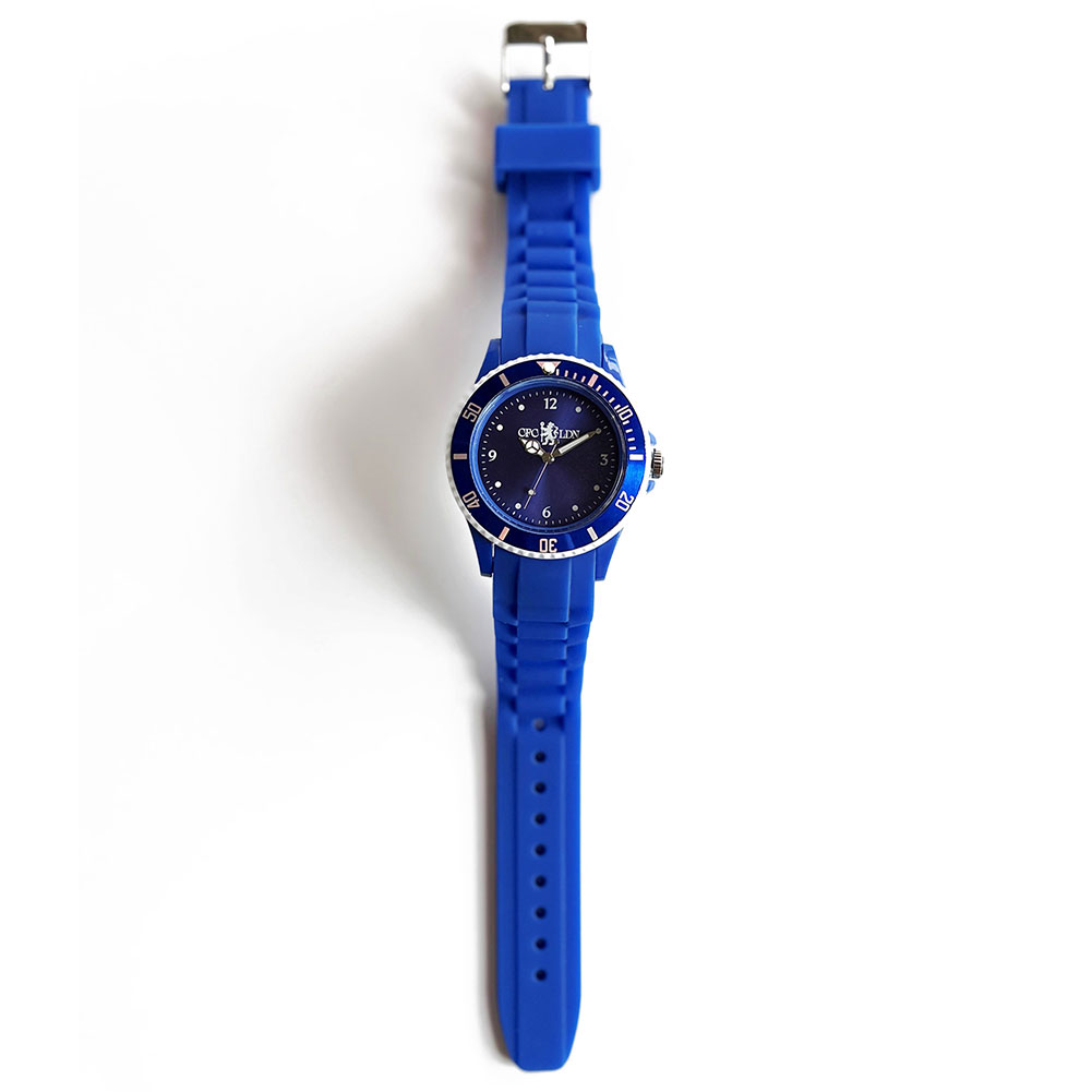 Chelsea FC blue silicone watch with a white Chelsea crest on the face and luminous hands