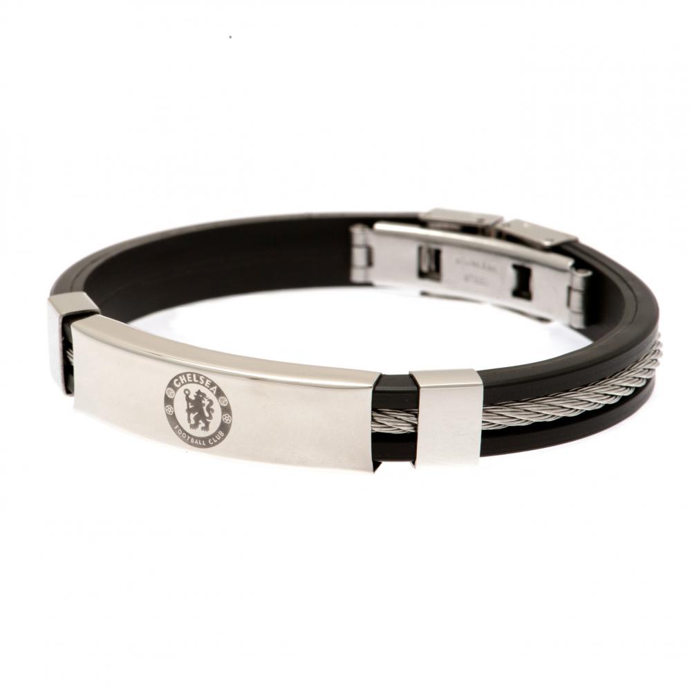 Chelsea FC black silicone bracelet with a silver colour rope insert and a stainless steel crest plate