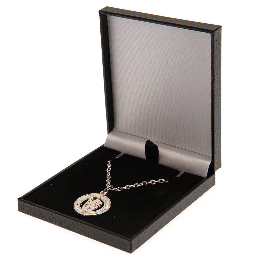 Chelsea FC silver plated crest pendant on a chain necklace with a lobster clasp, presented in a gift box