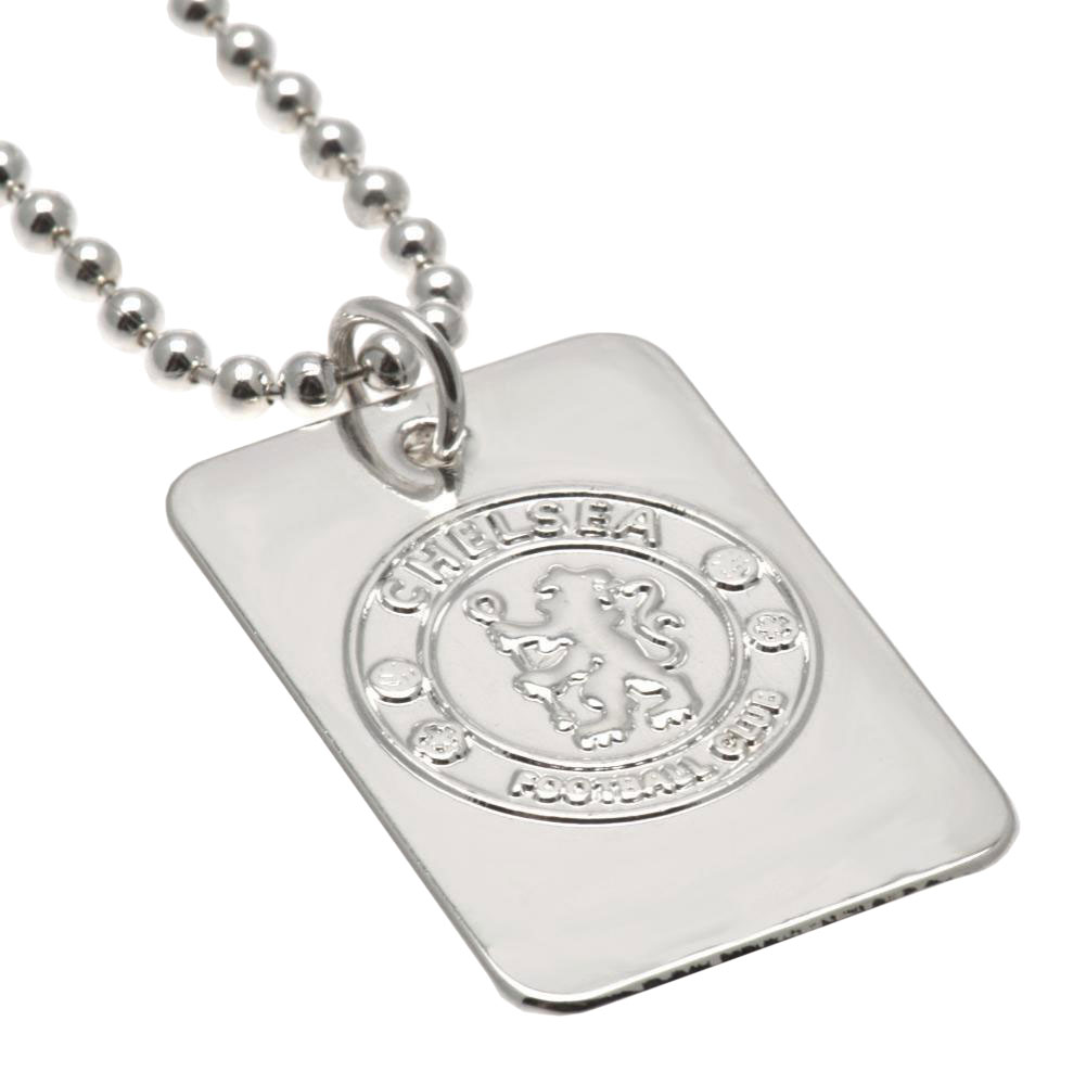 Chelsea FC silver plated dog tag with an embossed club crest on a chrome finish and ball chain