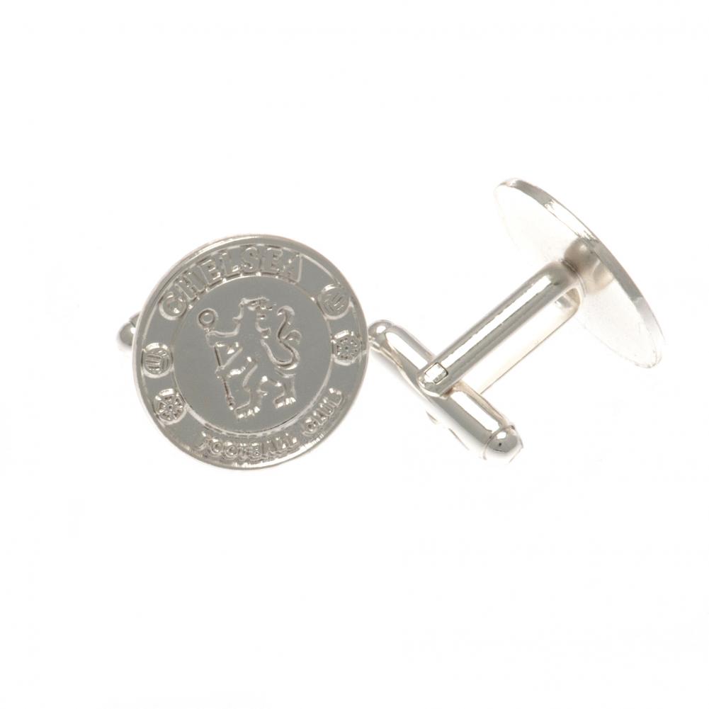 Pair of Chelsea FC silver plated chrome crest shaped cufflinks with a formed Chelsea crest