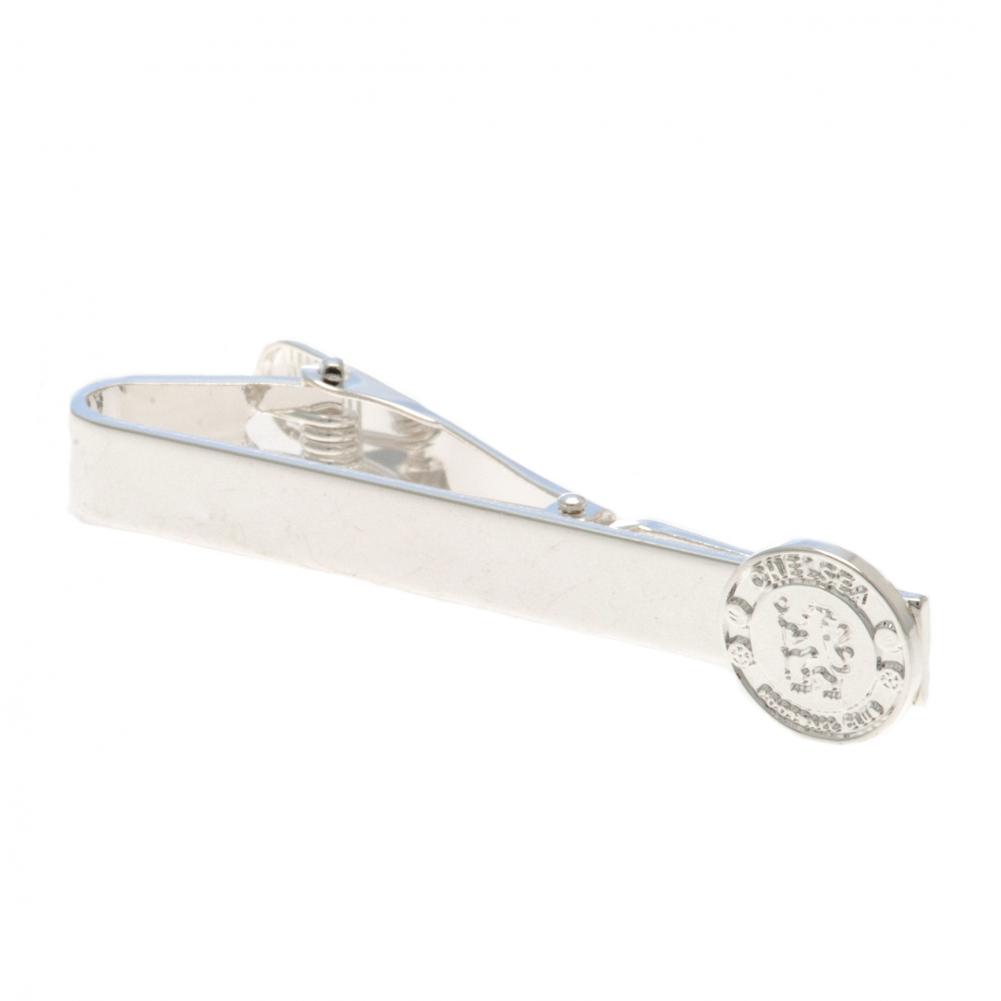 Chelsea FC silver plated tie slide with a mirror finish and the Chelsea crest on the pin