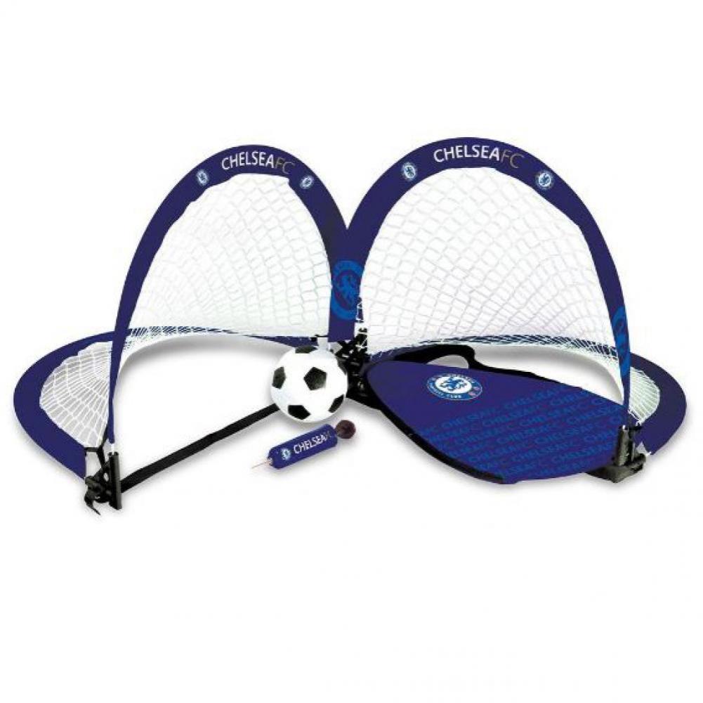 Chelsea FC skill goal set with two blue foldable goals, a 4 inch football, hand pump, pegs and carry bag