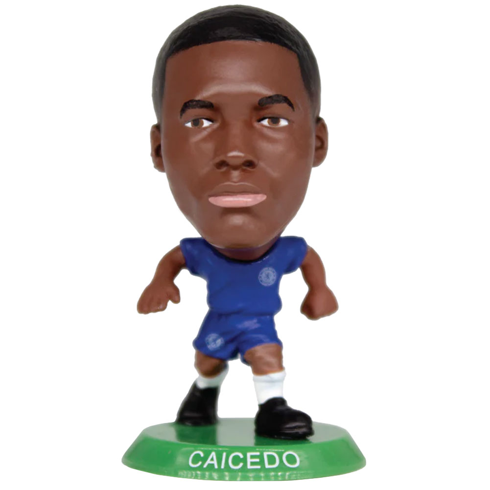 Moises Caicedo SoccerStarz figure in the classic Chelsea home kit on a green base