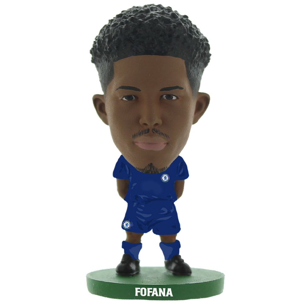 Fofana SoccerStarz figure in the classic Chelsea home kit on a green base