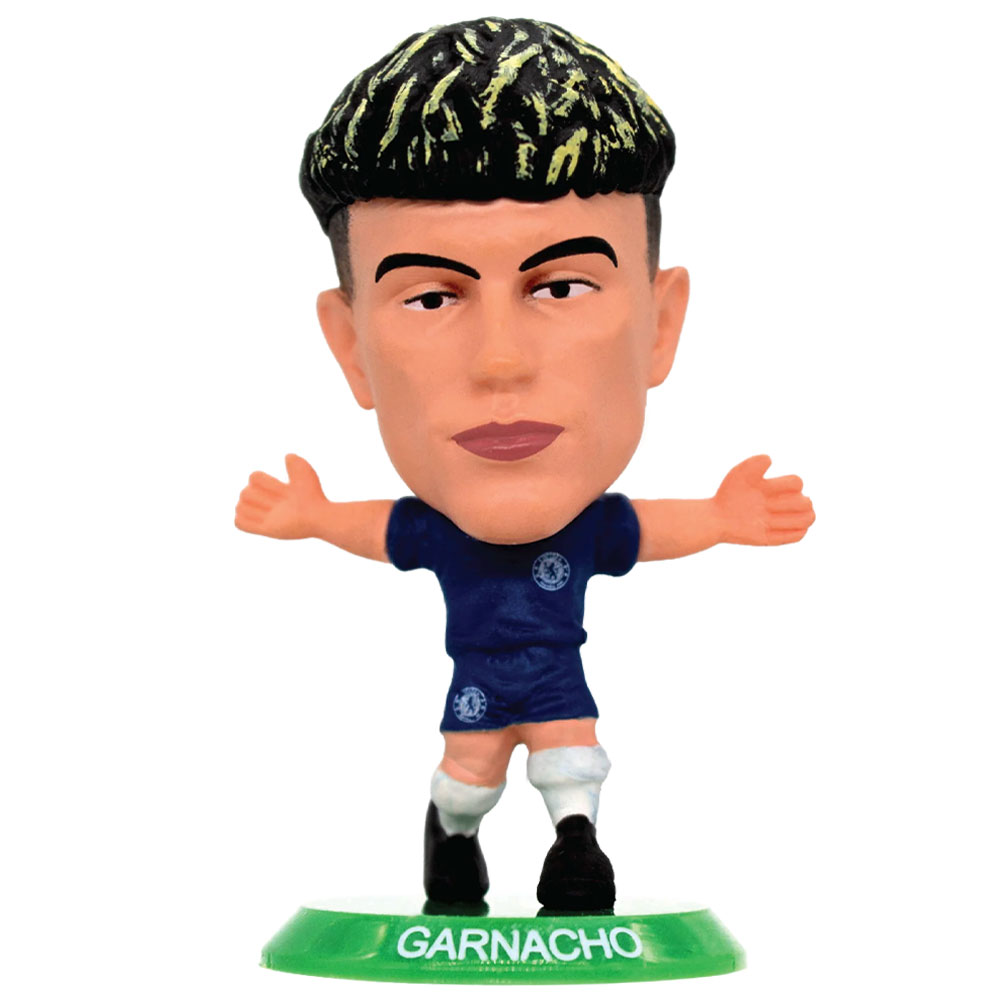 Garnacho SoccerStarz figure in the classic Chelsea home kit on a green base