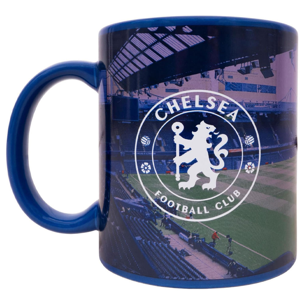 Chelsea FC ceramic mug with a stadium design, a white Chelsea club crest and a navy handle