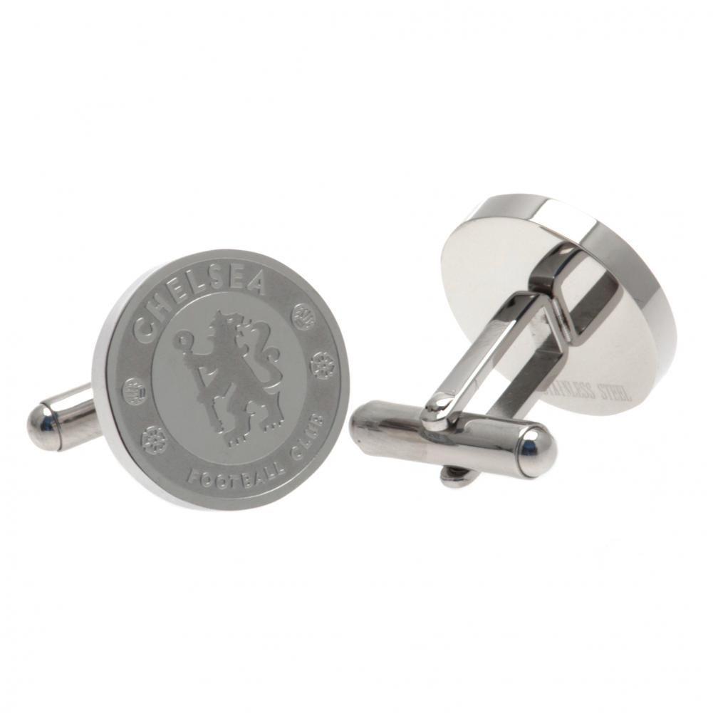 Pair of Chelsea FC stainless steel chrome crest shaped cufflinks with a formed Chelsea crest