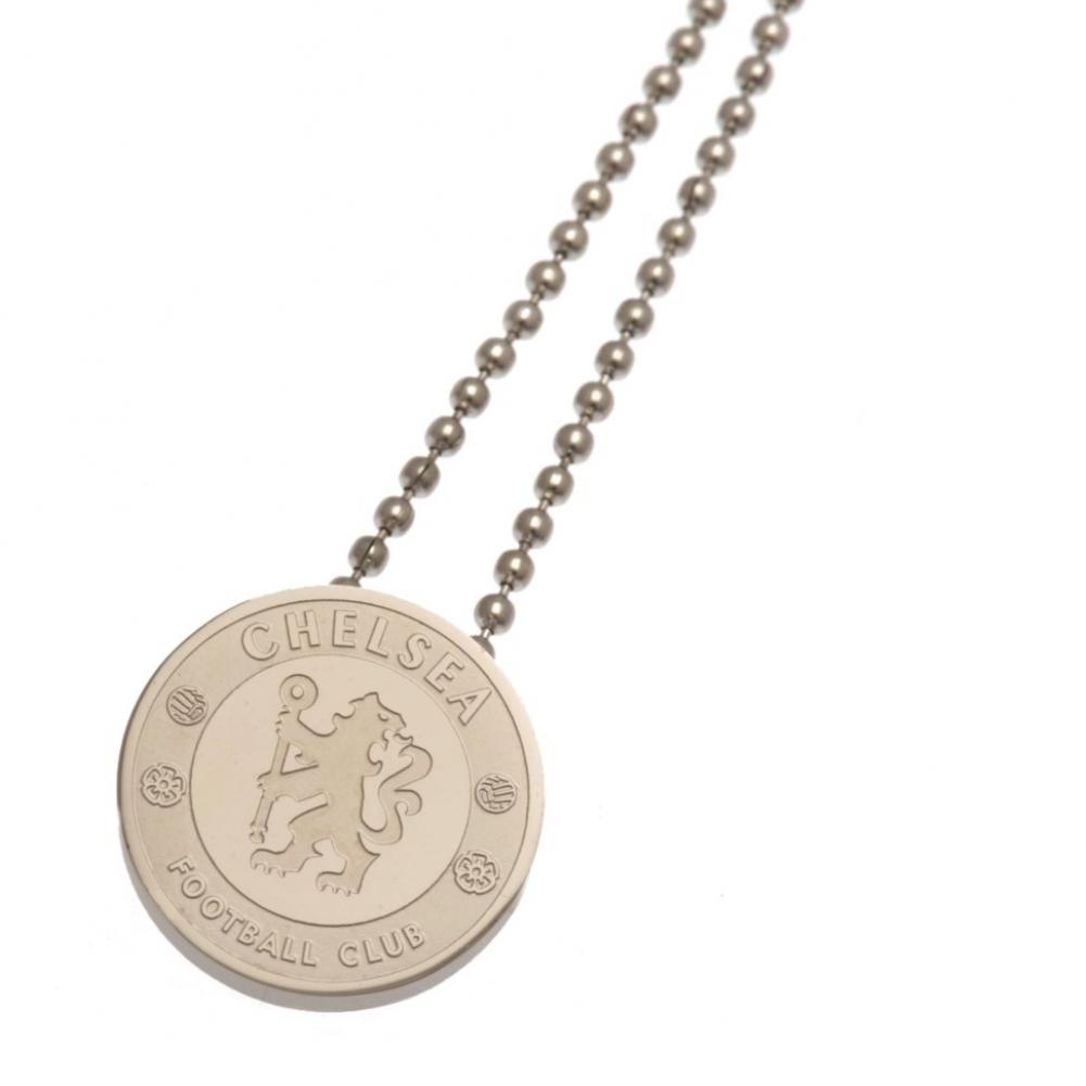 Chelsea FC stainless steel crest shaped pendant with chrome finish and engraved detail on a ball chain