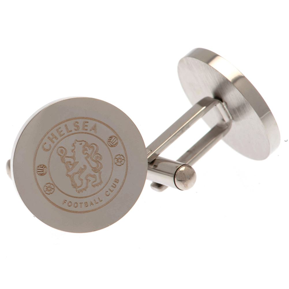 Pair of Chelsea FC round stainless steel chrome cufflinks engraved with the Chelsea FC crest
