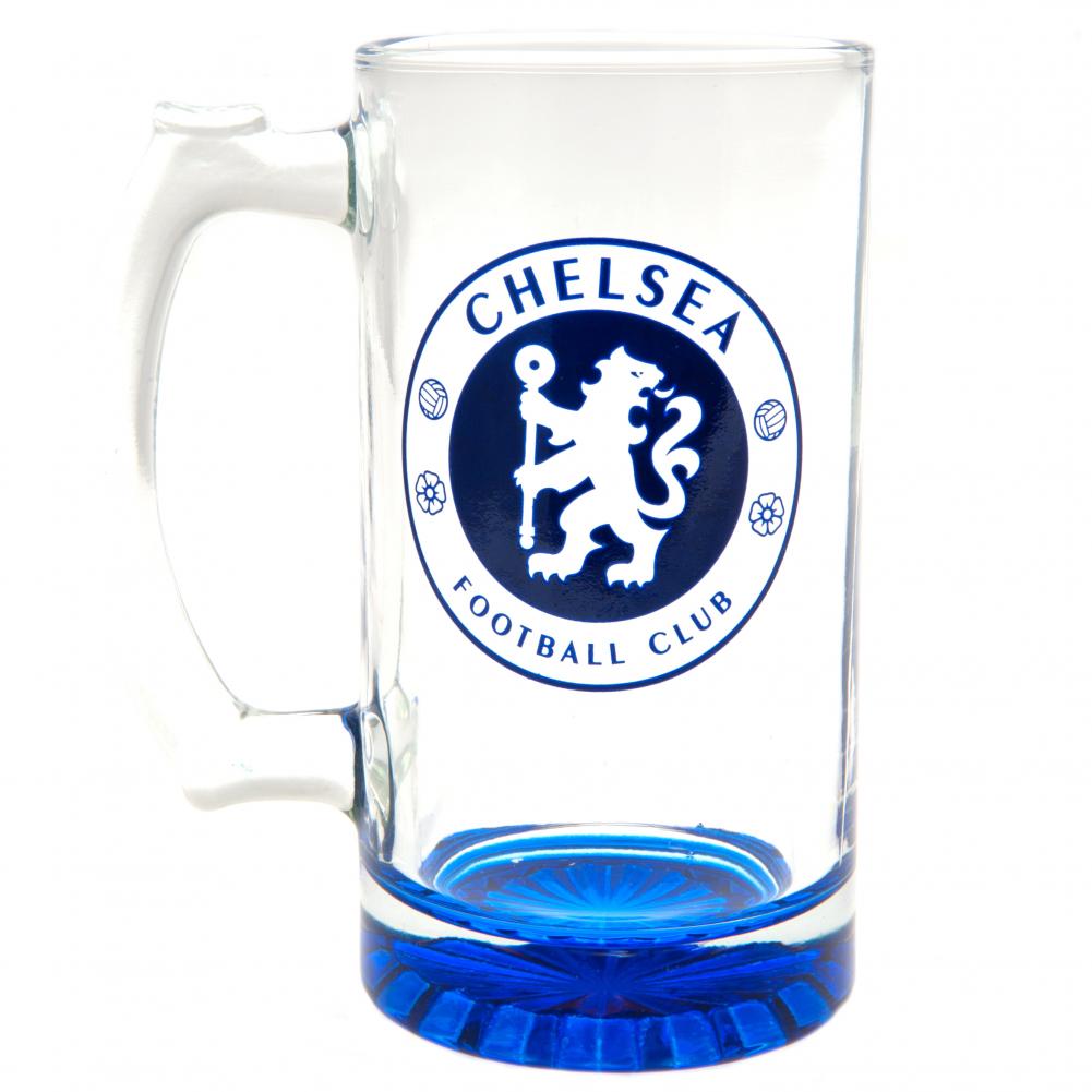 Chelsea FC glass stein tankard with a blue base and the Chelsea club crest