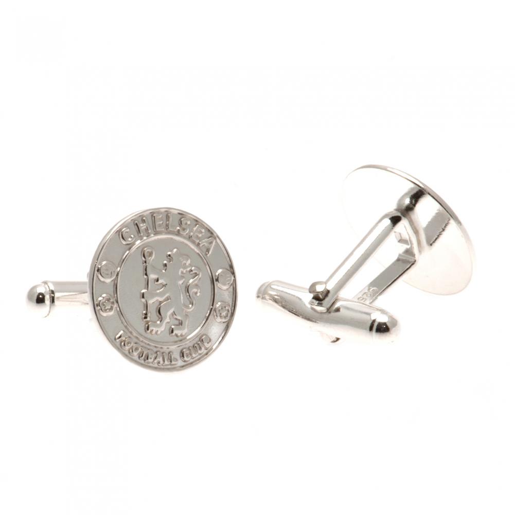 Chelsea FC round sterling silver cufflinks with a detailed club crest in a chrome finish