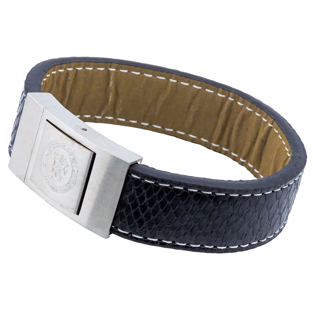 Chelsea FC black stitched leather bracelet with a crocodile print and a rectangular engraved crest clasp