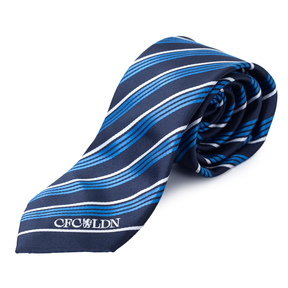 Blue and white striped Chelsea FC tie with a small Chelsea crest at the bottom