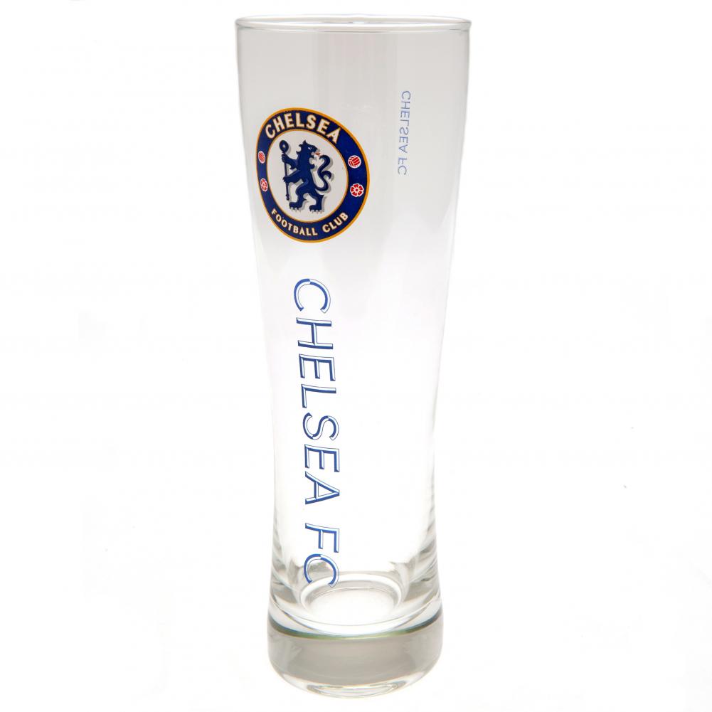 Chelsea FC tall slim pilsner style pint glass with royal blue Chelsea FC text and a full colour club crest