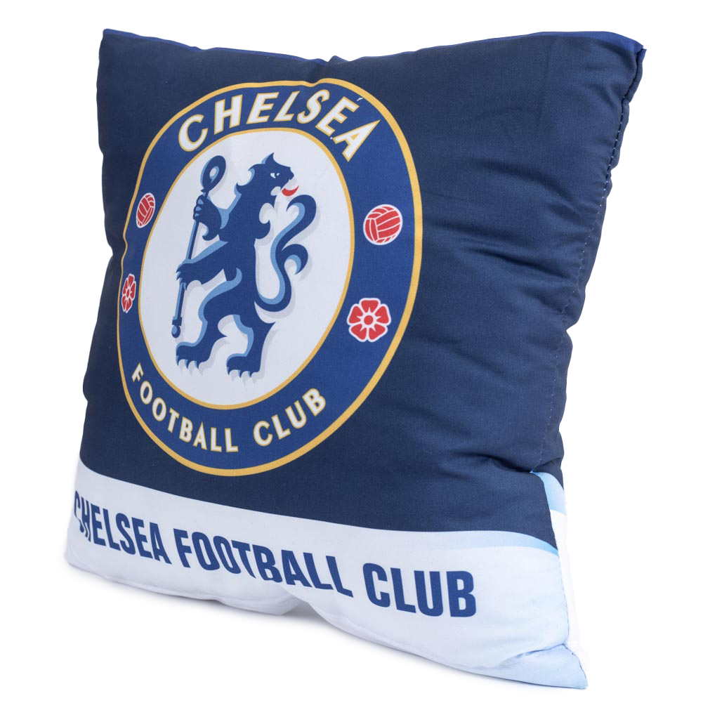 Blue Chelsea FC cushion featuring a full colour Chelsea crest with club text across the bottom