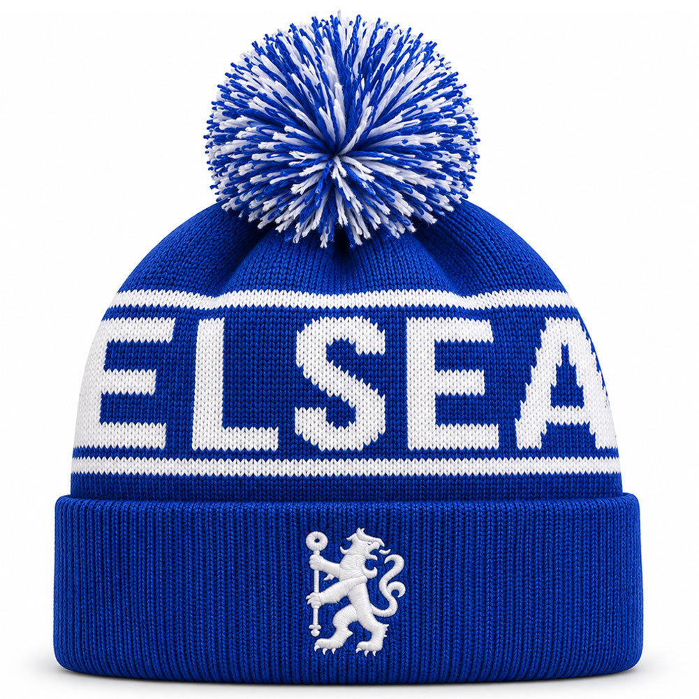 Chelsea FC royal blue cuff knit bobble hat with a multi coloured bobble and embroidered Lion crest