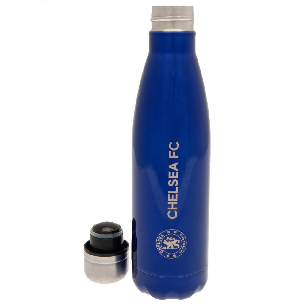 Royal blue metallic Chelsea FC stainless steel thermal flask with a silver crest and Chelsea text