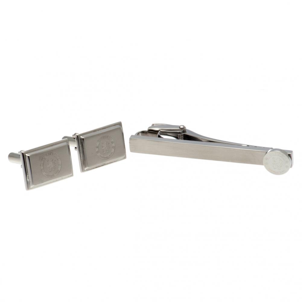 Chelsea FC stainless steel tie slide and satin finish cufflinks set with the club crest