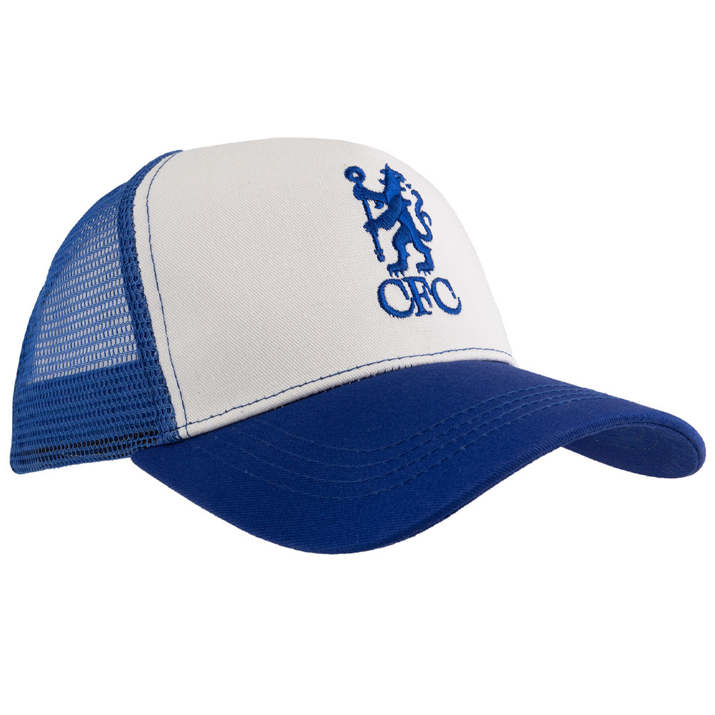 Chelsea FC trucker cap with an embroidered Chelsea Lion crest on the front and blue mesh at the back