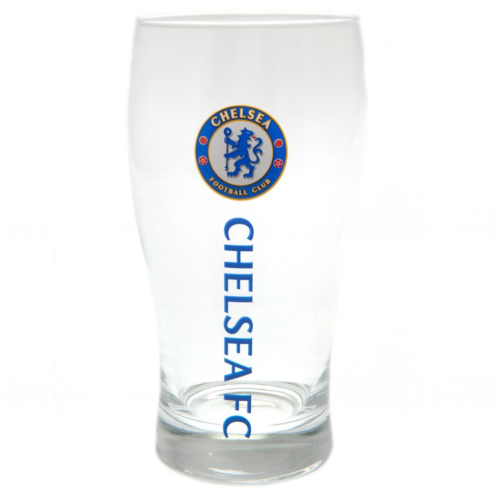 Chelsea FC tulip style pint glass with a royal blue Chelsea FC wordmark and a full colour club crest