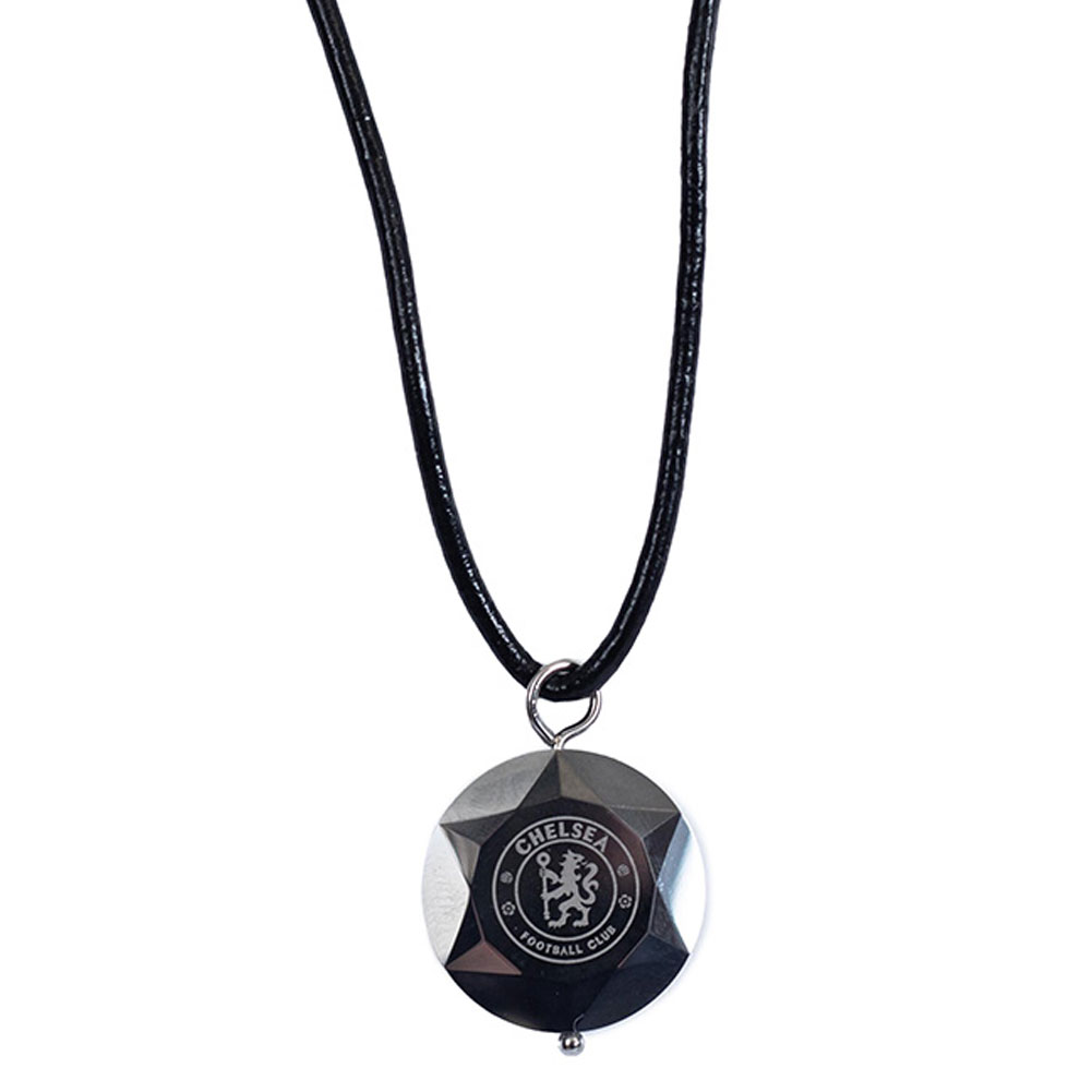 Chelsea FC tungsten crest pendant on a black leather cord necklace with a lobster clasp