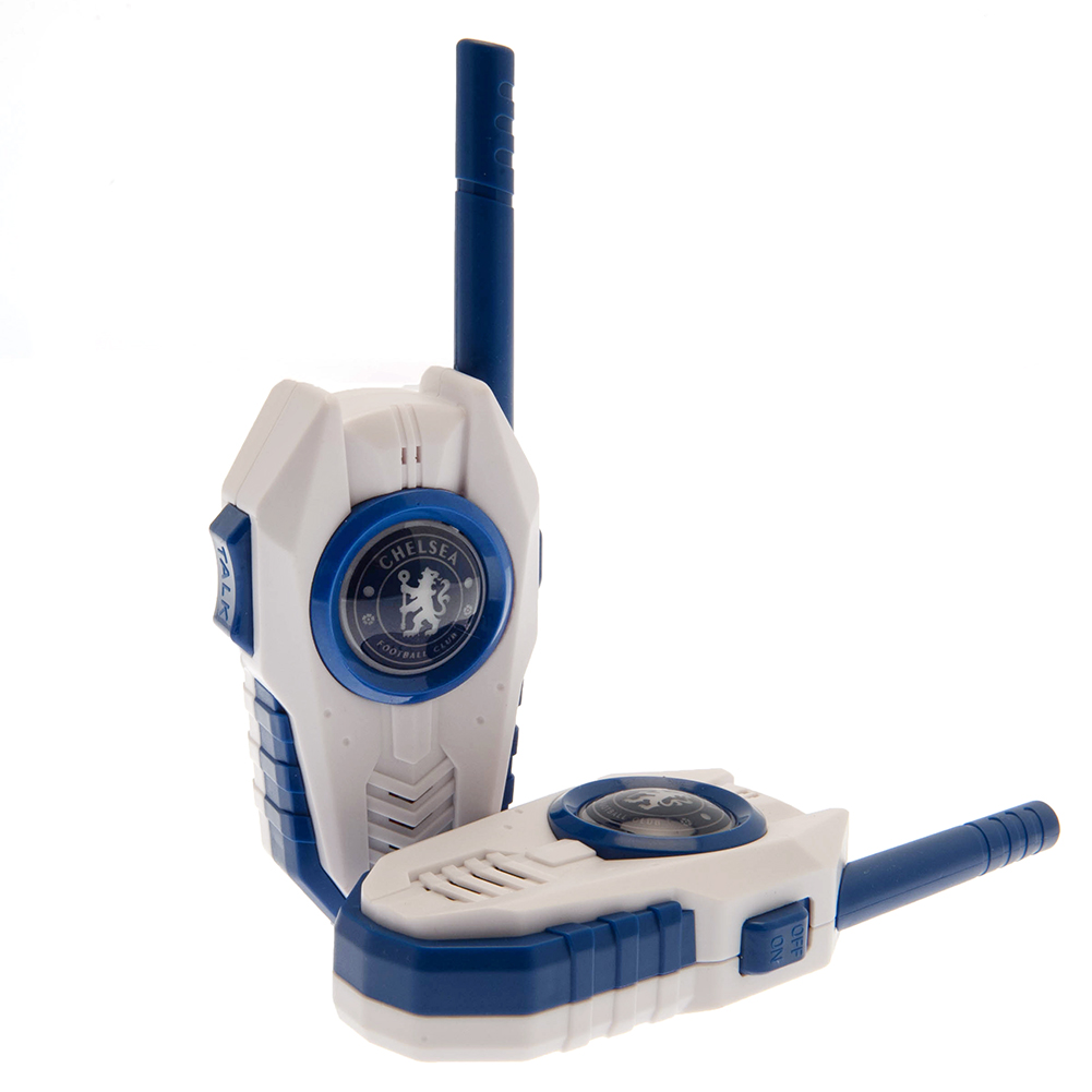 Chelsea FC walkie talkie set in royal blue and white with a crest in the middle