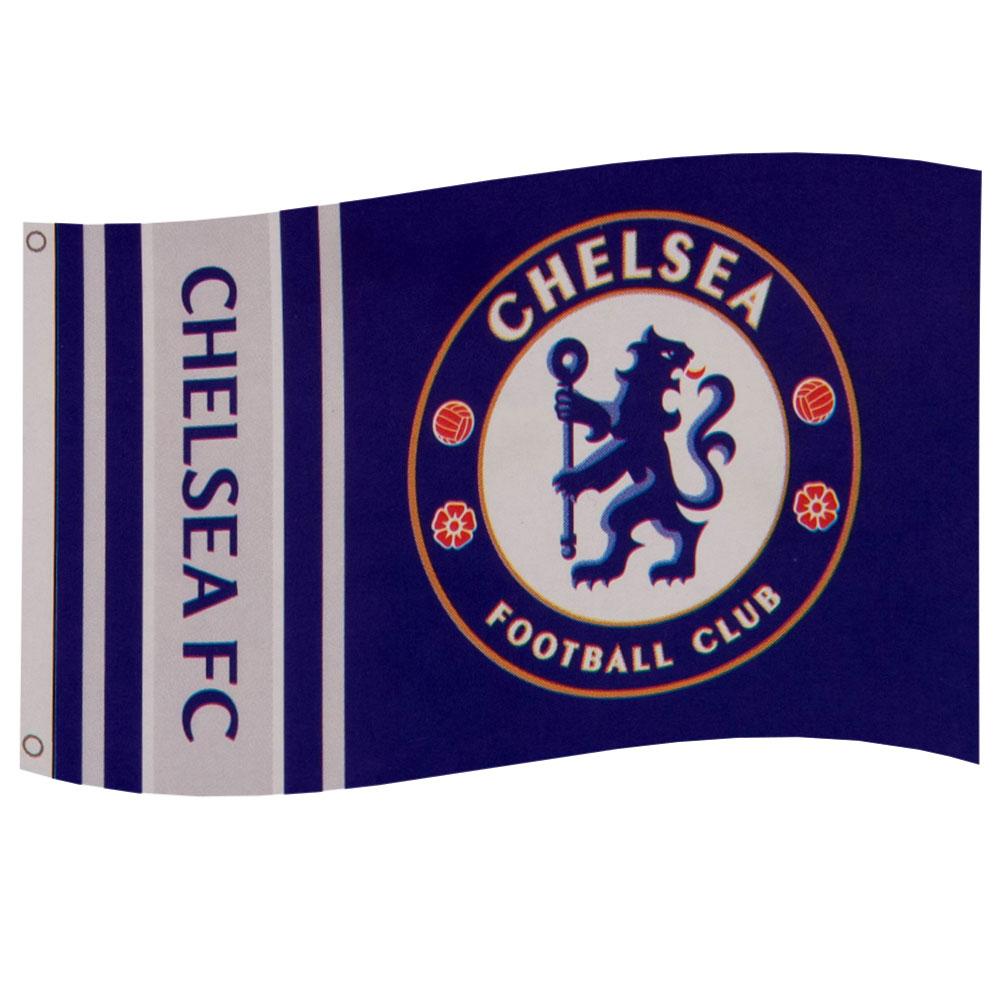 Chelsea FC blue wordmark flag with a full colour Chelsea crest, grey stripe design and text