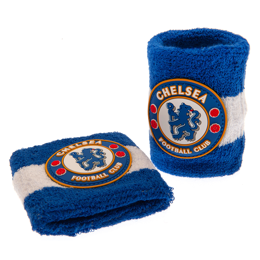 Pair of blue Chelsea FC cotton wristbands with white bands and the club crest