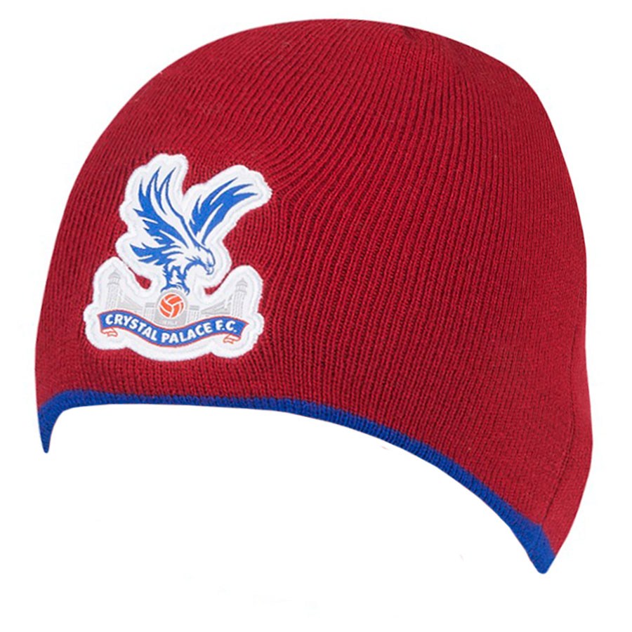 Crystal Palace FC red dome style knitted beanie with a full colour woven crest and blue trim