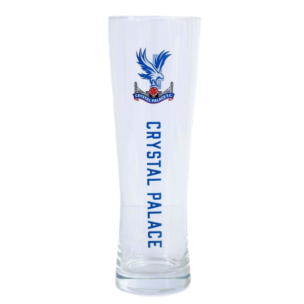 Crystal Palace FC tall slim pilsner style pint glass with royal blue Palace FC text and a full colour crest
