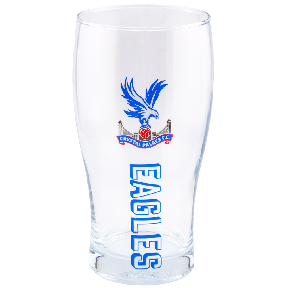 Crystal Palace FC tulip style pint glass with royal blue eagles text and a full colour club crest
