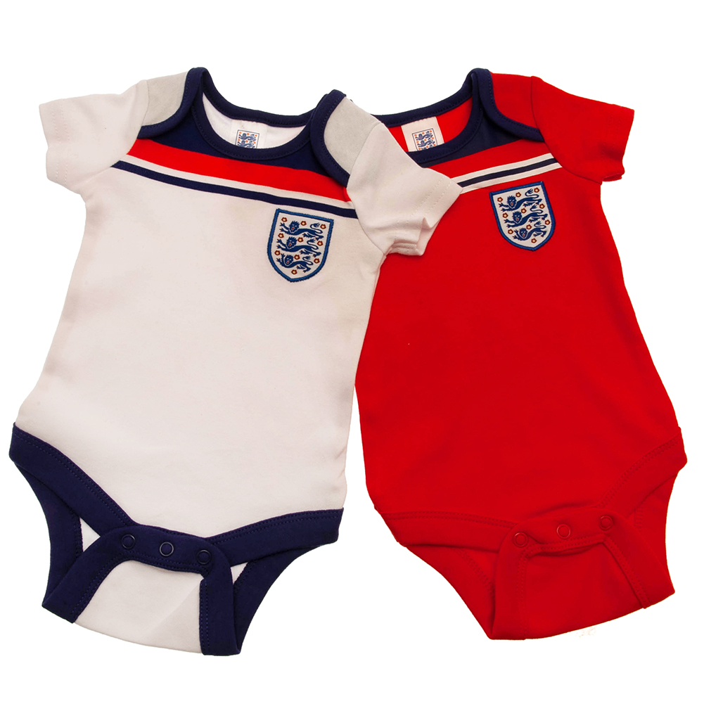 England FA twin pack of short sleeved baby bodysuits inspired by the 1982 World Cup kit with an embroidered crest