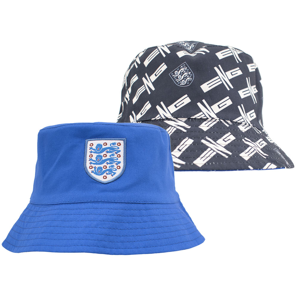 England FA royal blue reversible bucket hat with a navy and white pattern and a woven England crest