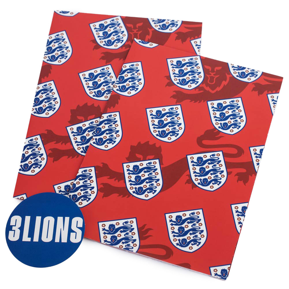 England FA gift wrap with a repeat pattern of the 3 lions crest on red and two blue 3 LIONS gift tags