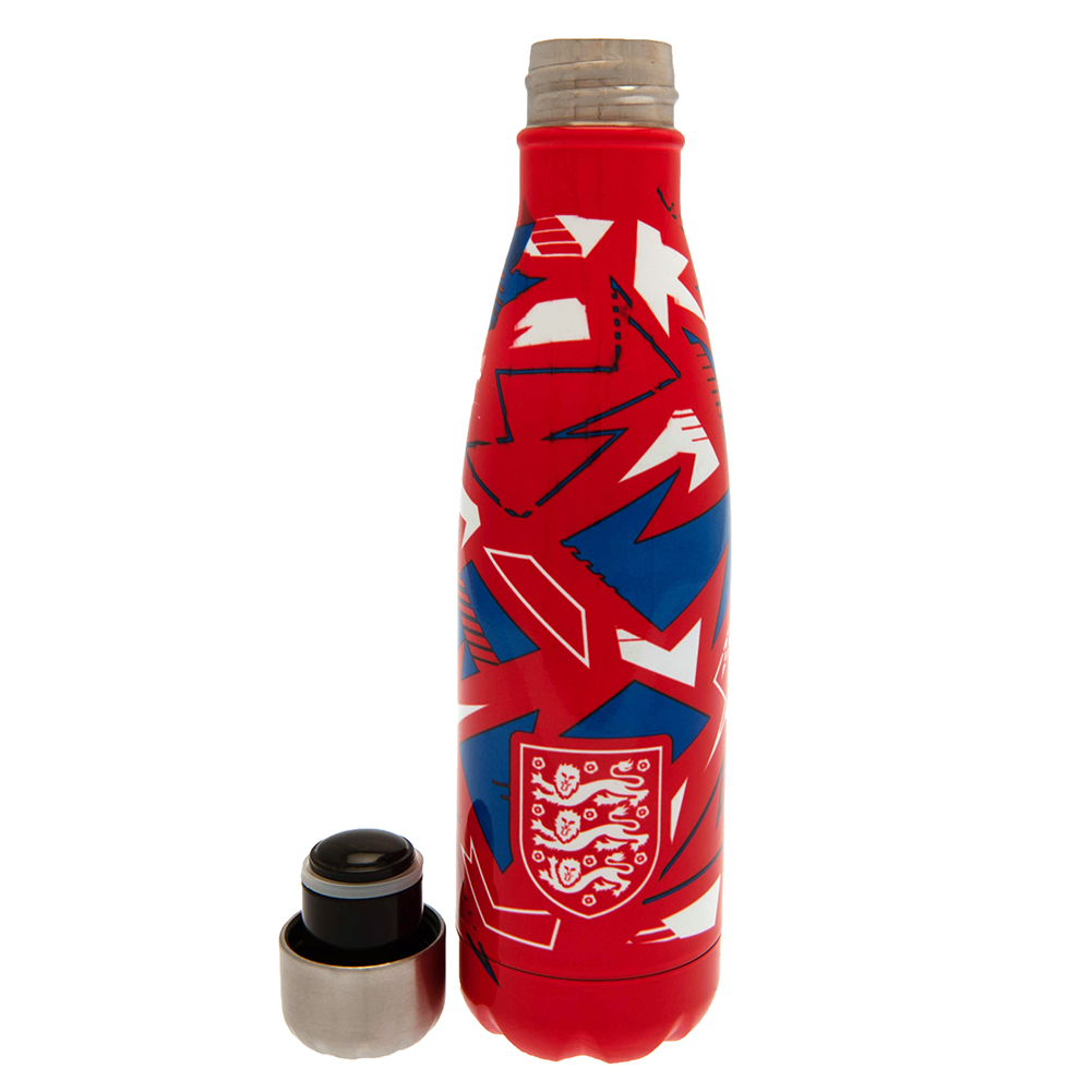 Red England FA thermal flask with a blue and white fragment pattern and the England crest