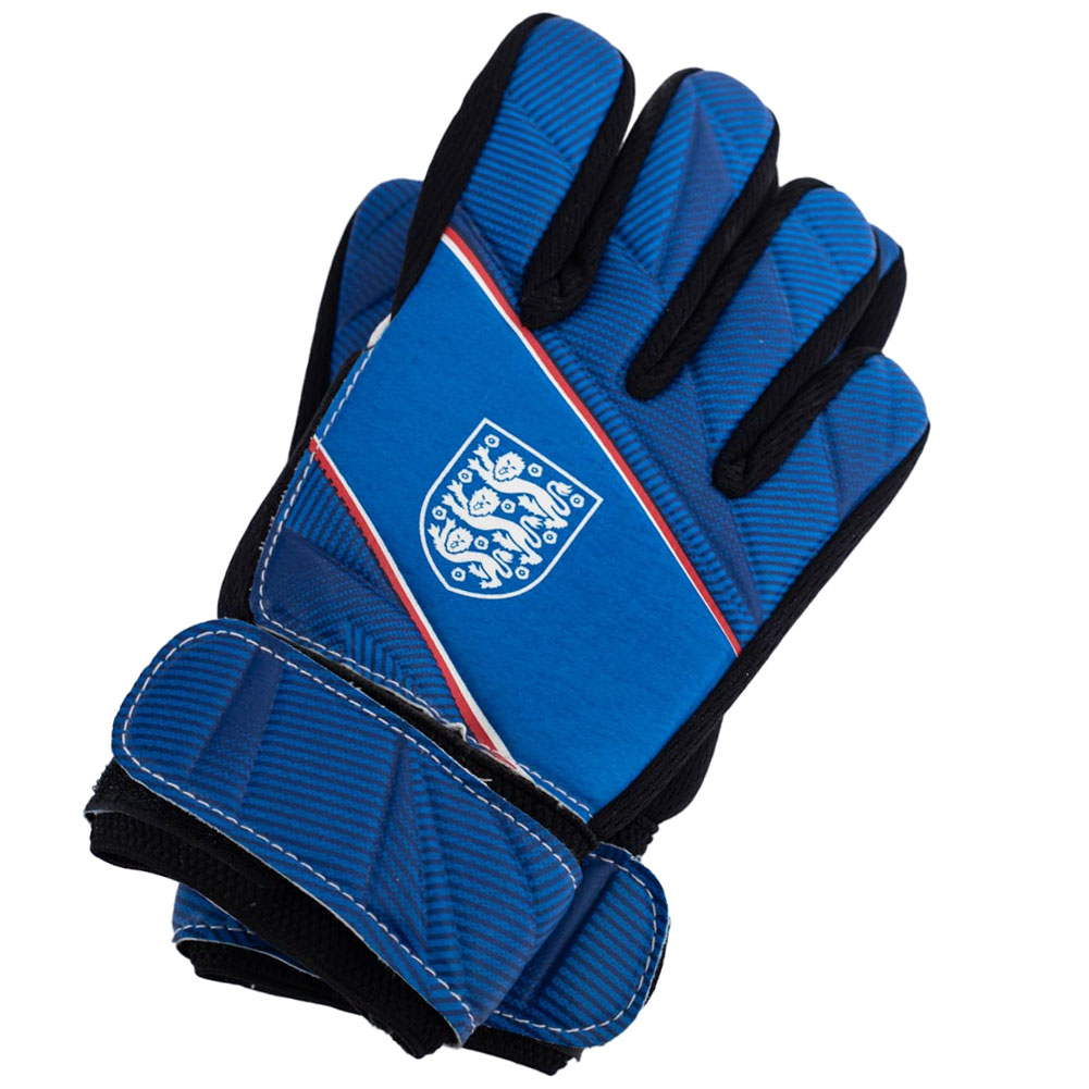 Blue England FA Fuse youth goalkeeper gloves with the England crest in white