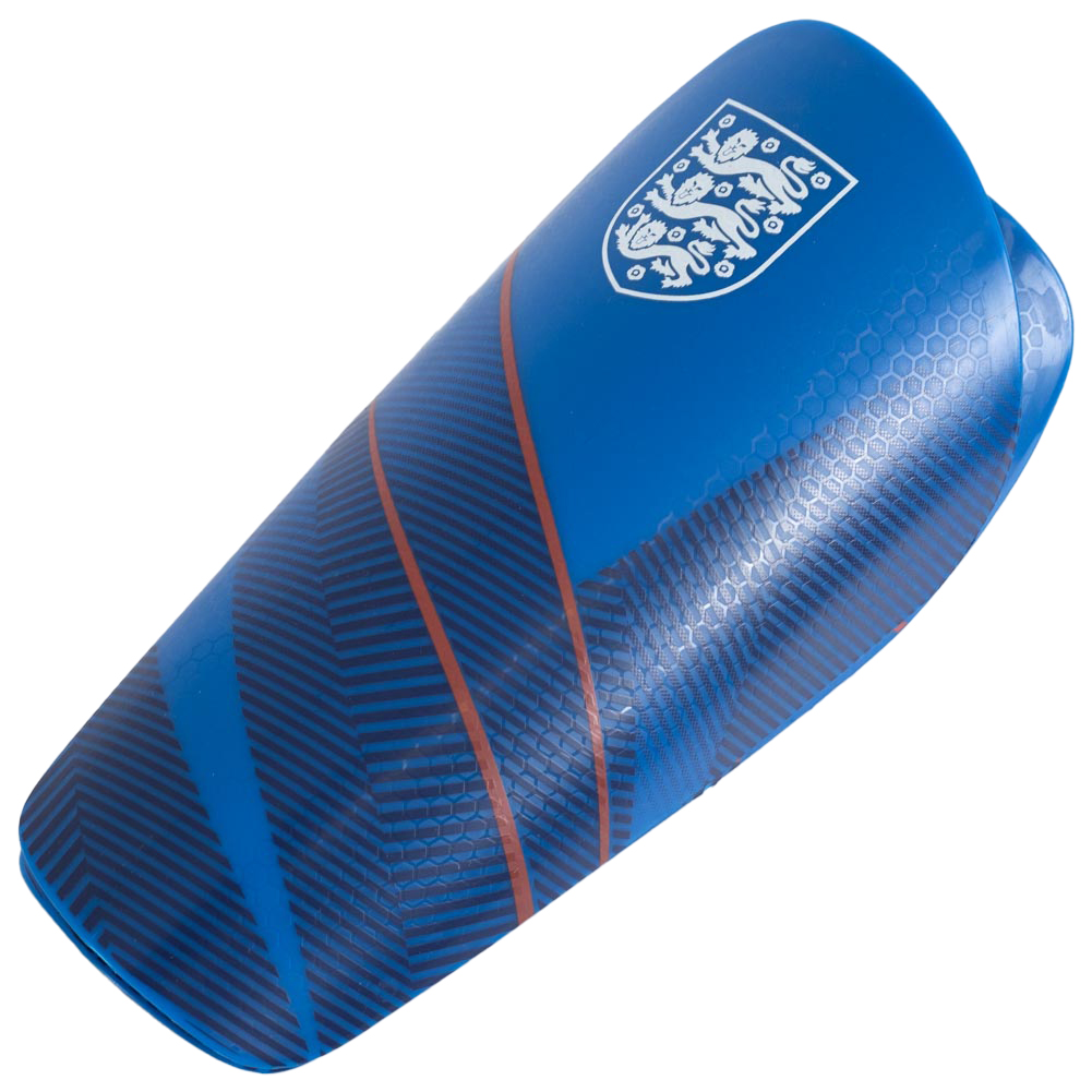 Blue England FA Fuse youth slip-in shin guards with the England crest in white