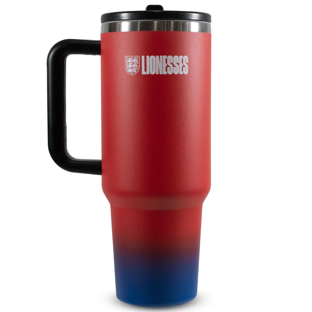 Red England Lionesses 40oz thermal tumbler with soft grip handle and drinking spout