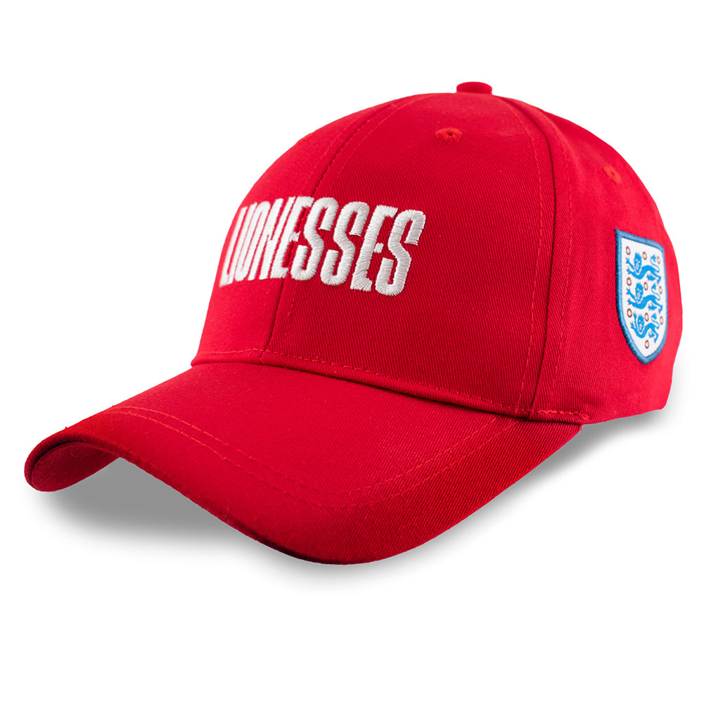 England FA red curved brim cap with embroidered Lionesses text and a woven England crest