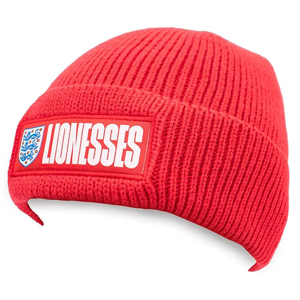 England FA red knitted cuff beanie with a full colour woven England crest and Lioness text
