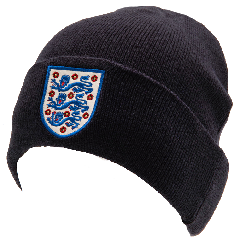 England FA navy blue knitted beanie with a full colour embroidered England crest