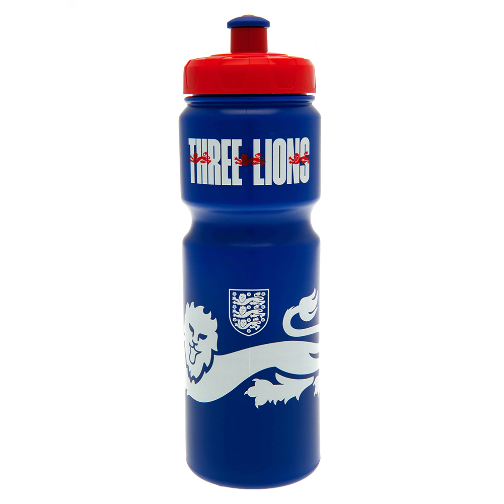 Blue England FA plastic drinks bottle with a large white lion, England crest and Three Lions text