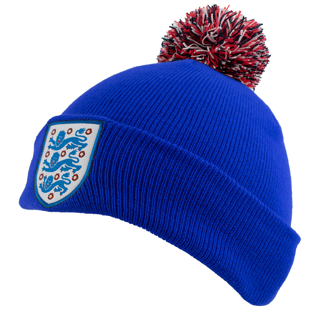 England FA royal blue cuff knit bobble hat with a multi colour bobble and a woven England crest
