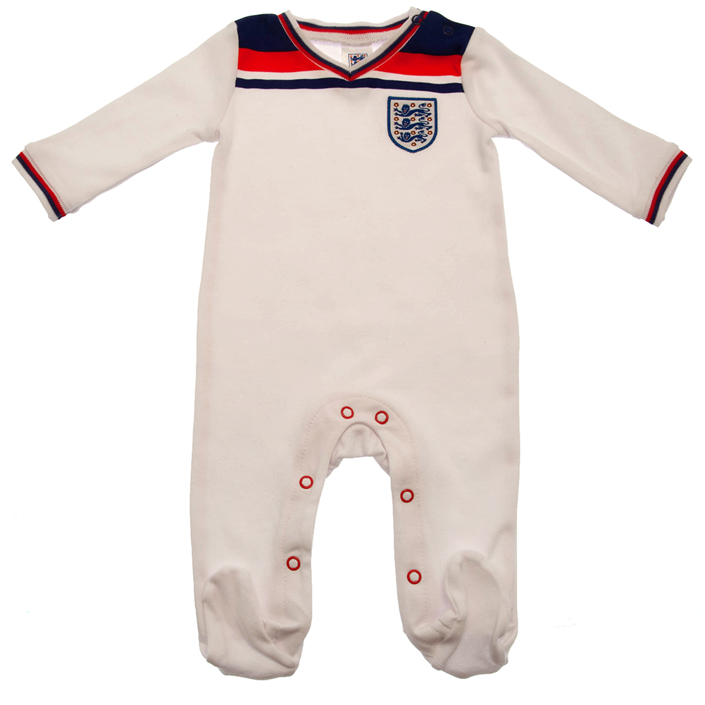 England FA white long sleeved baby sleepsuit inspired by the 1982 World Cup kit with an embroidered crest