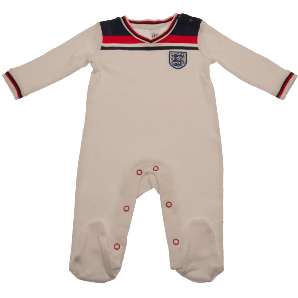 England FA white long sleeved baby sleepsuit inspired by the 1982 World Cup kit with an embroidered crest