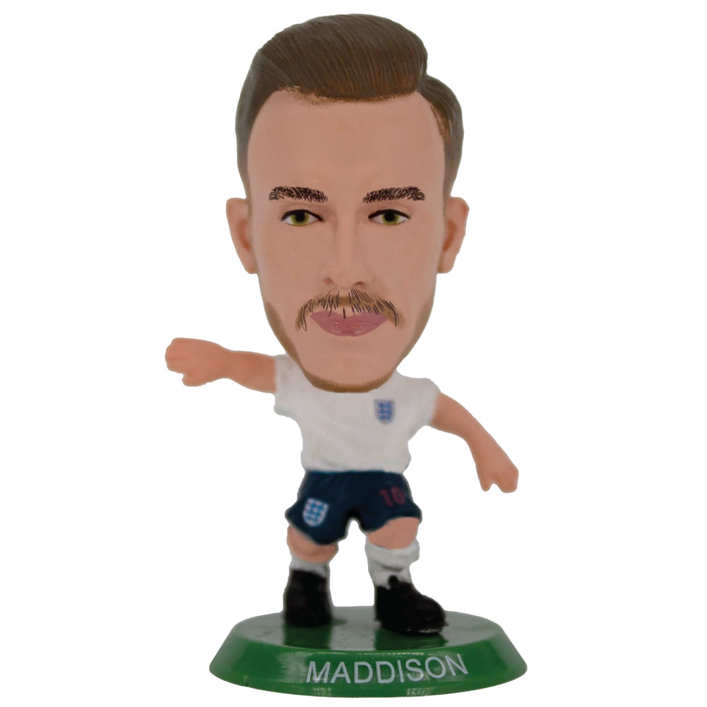 England SoccerStarz James Maddison collectable figure in the classic home kit on a green base