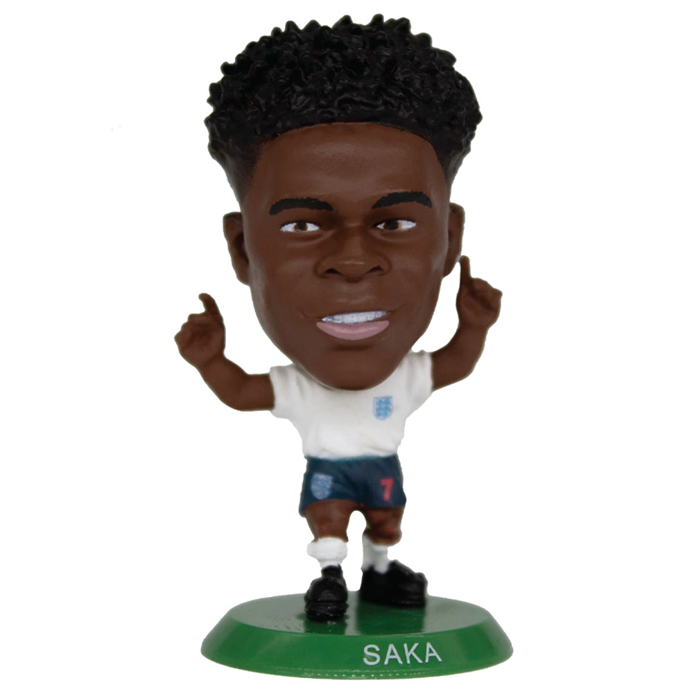England SoccerStarz Bukayo Saka collectable figure in the classic home kit on a green base